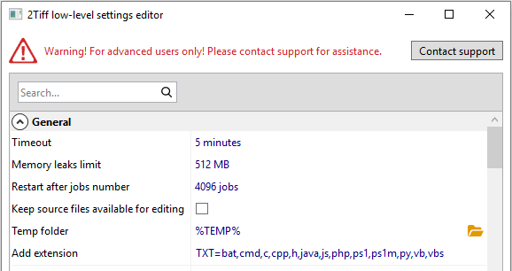 2TIFF low-level settings editor