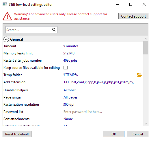 2TIFF low-level settings editor