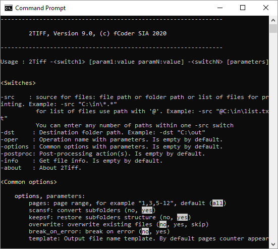 2TIFF prompt with command line syntax and examples